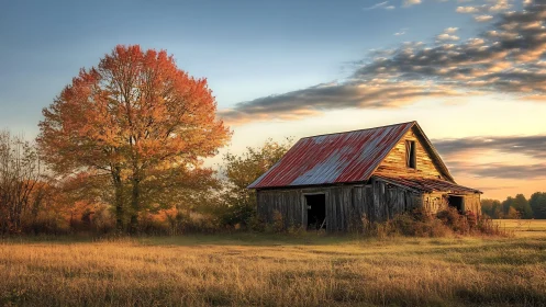 Autumn barn and golden field glowing in gentle evening light.