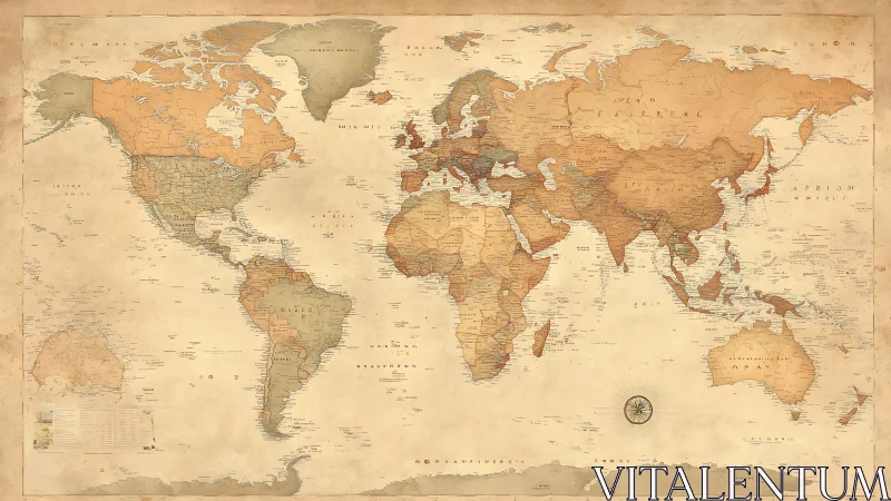 Vintage political world map with aged parchment tones.