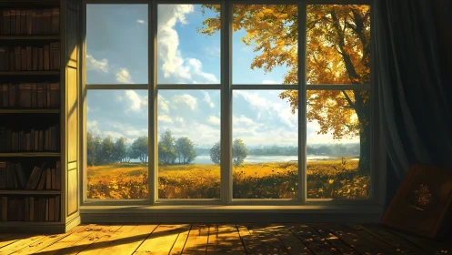 Sunlit autumn meadow beyond a quiet, book-lined window.