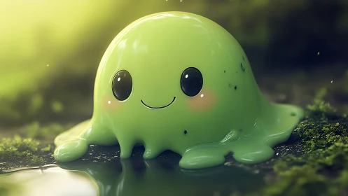 Shy forest slime smiles by a sunlit woodland puddle.