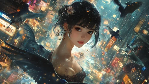 Nocturnal city muse amid swirling ravens and neon rain.