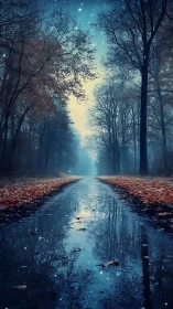 Enchanted autumn woods: A serene path through misty forest reflection