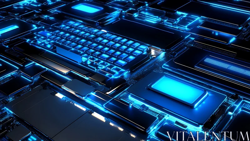 Futuristic neon keyboard on glowing circuit board surface.