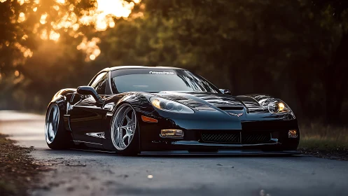 Low stance black sports car on forest road at sunset.