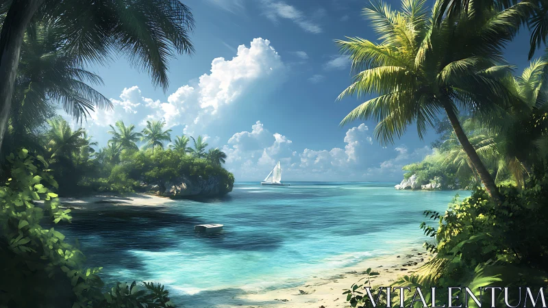 Tropical lagoon with sailboat viewed through palm vegetation.