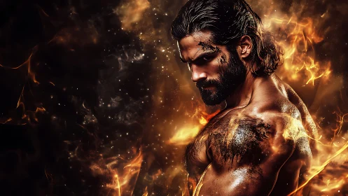 Warrior ignites within swirling inferno, muscles ablaze.