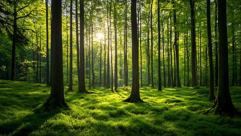 Sunlit green forest with tall trees and lush undergrowth, serene mood.