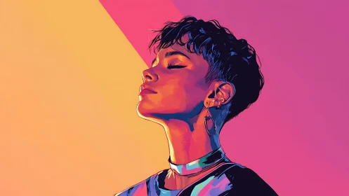 Profile portrait shows stylized person in bold neon colors