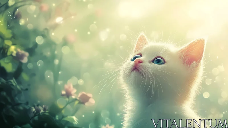 White Cat Gazing Upward Among Spring Blossoms