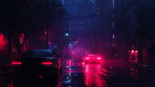 Neon rain stitches two midnight cars into electric silence