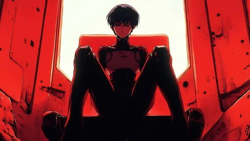 Solitary pilot figure seated in red mechanical cockpit space.