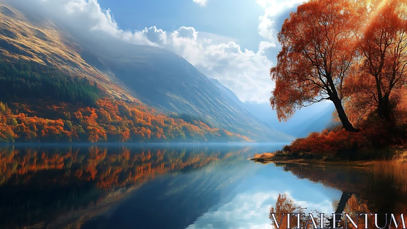 Autumn mountains mirrored in tranquil alpine lake at dawn.