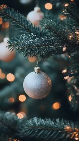 Silver bauble on evergreen branch with warm bokeh lights.