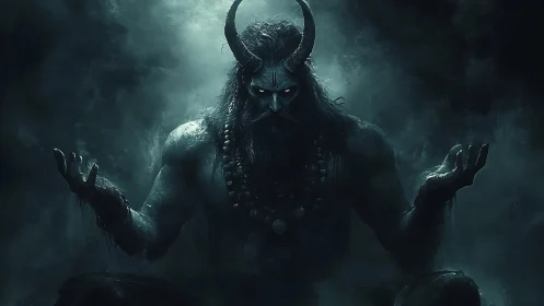 Horned shadow deity meditating in swirling abyssal fog.