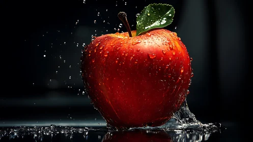 Macro-lit red apple with surface water droplets in motion