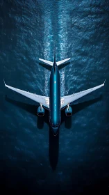 Top-down jetliner over deep blue ocean with sharp wake.