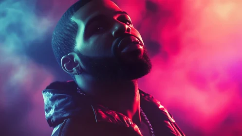 Neon smoke halo crowns a contemplative urban night icon.