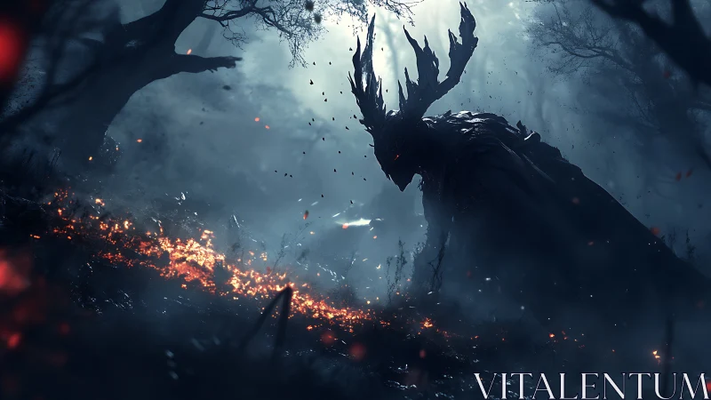 Charred forest warden rises over a river of embers at dusk.