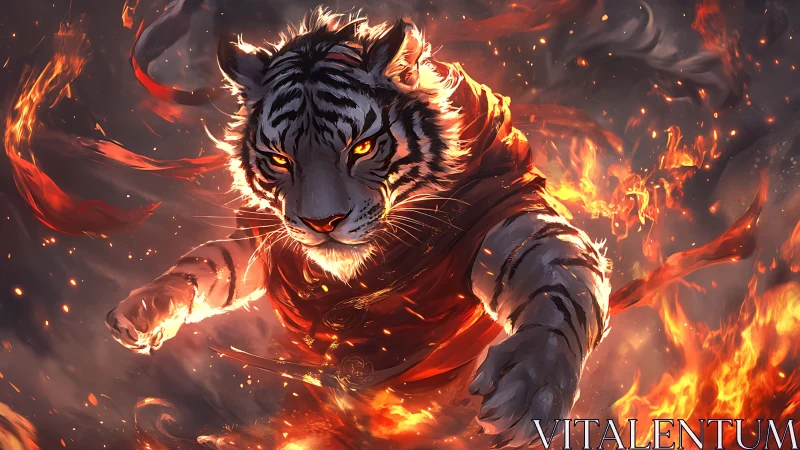 Fierce white tiger warrior strides forward through swirling fire