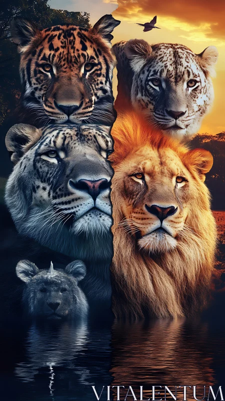 Five Big Cats Converge in Mythic Twilight Meditation