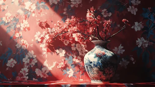 Porcelain Vessel with Cherry Blossoms Against Crimson Backdrop.