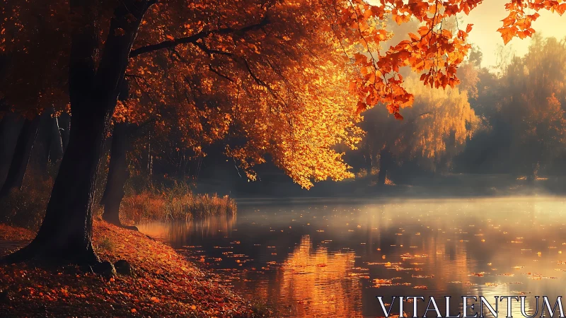 Autumn trees line a still lakeshore under warm directional light