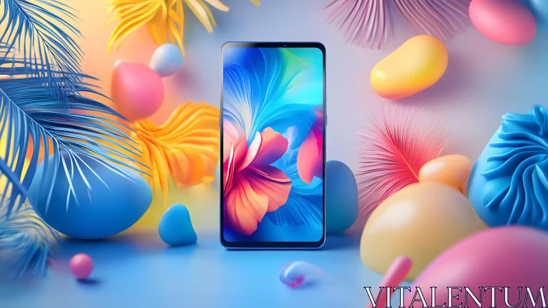 Modern smartphone with vibrant display in colorful abstract setting.
