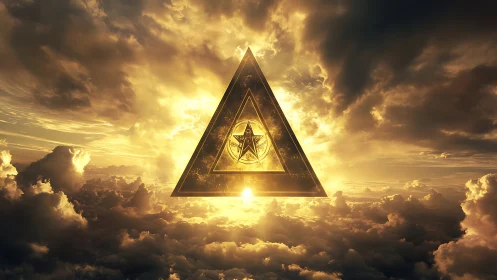 Golden celestial triangle glowing softly above the clouds.
