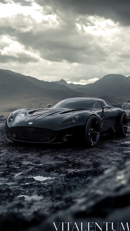 Aerodynamic hypercar render on stormy basalt terrain landscape.