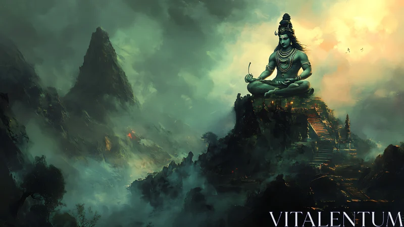 Colossal meditating deity statue over misty mountain city.