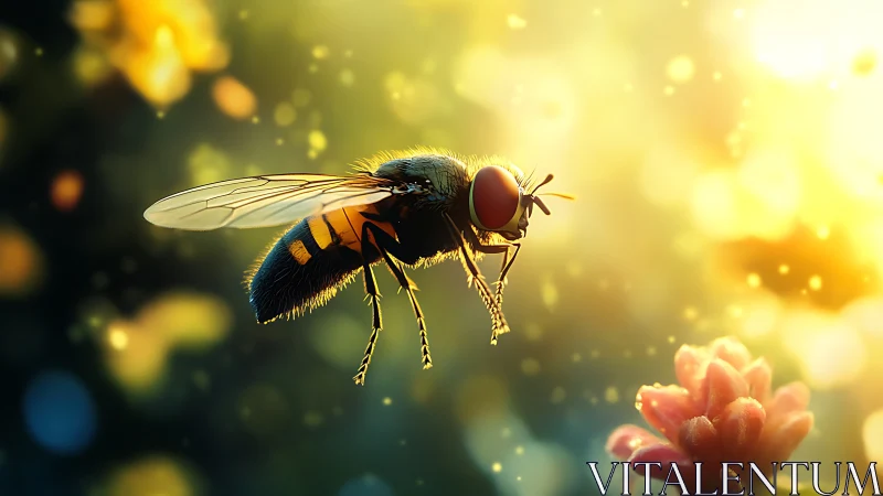 Honey bee drifts through golden bokeh light toward blossom