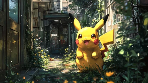 Pikachu exploring a sunlit overgrown city alleyway.