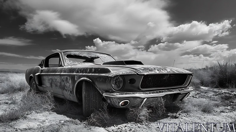 Abandoned muscle car exhibits advanced weathering in high-contrast desert