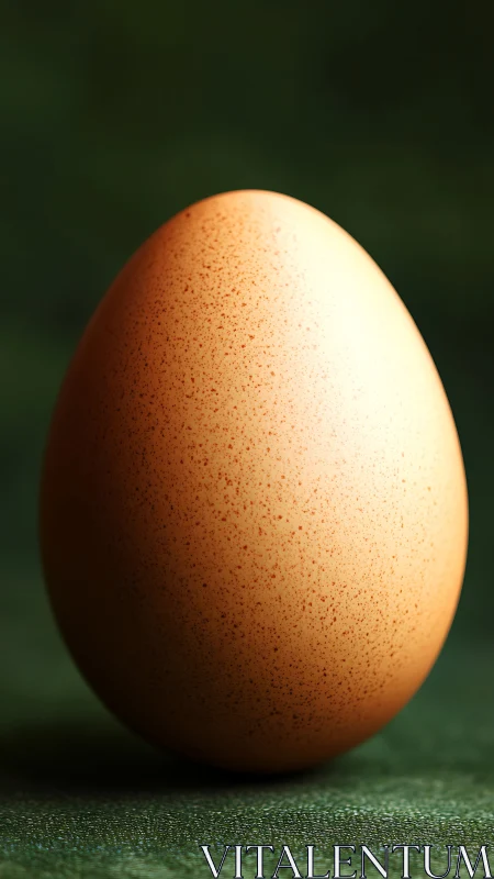 Single speckled brown egg on deep green studio backdrop.