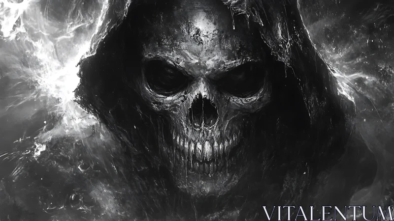 Grim reaper skull emerges from swirling shadowed smoke veil