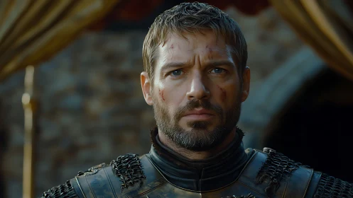 Weathered medieval knight in detailed armor portrait.