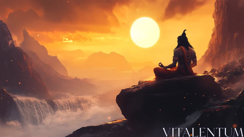 Meditative sage silhouette before radiant sunset cascade.