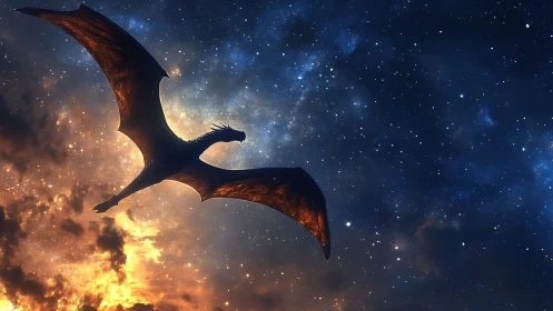 Silhouetted dragon figure against star field and cloud glow.