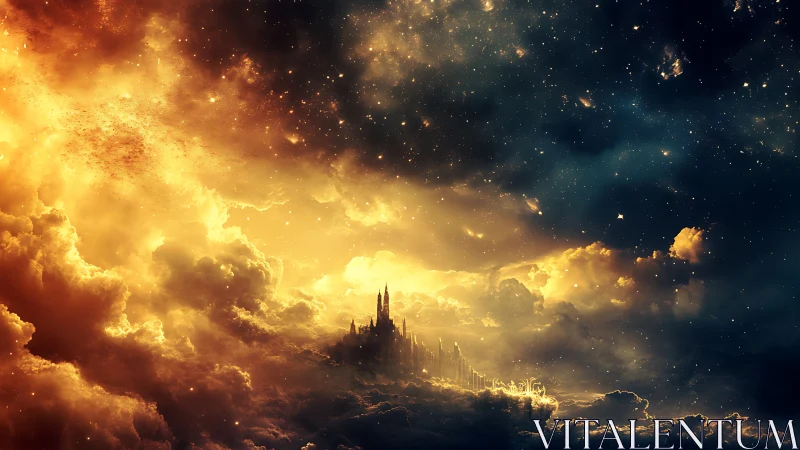 Golden sky kingdom glows gently between clouds and stars