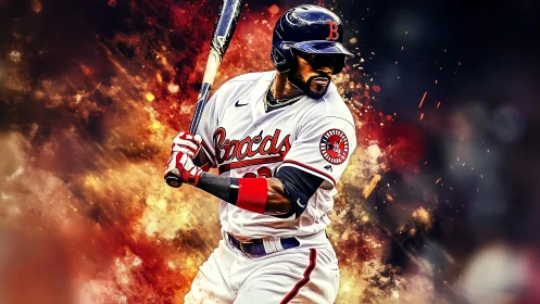 Blazing swing captures baseball power in vivid color storm.
