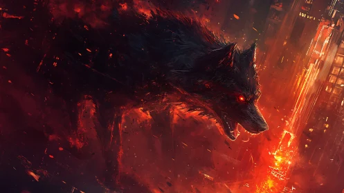 Cyber-noir firewolf lunges across dystopian cityscape inferno