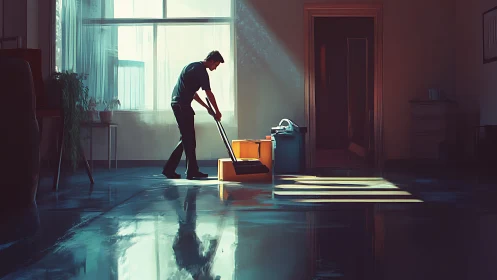 Man cleans reflective office floor in directional window light