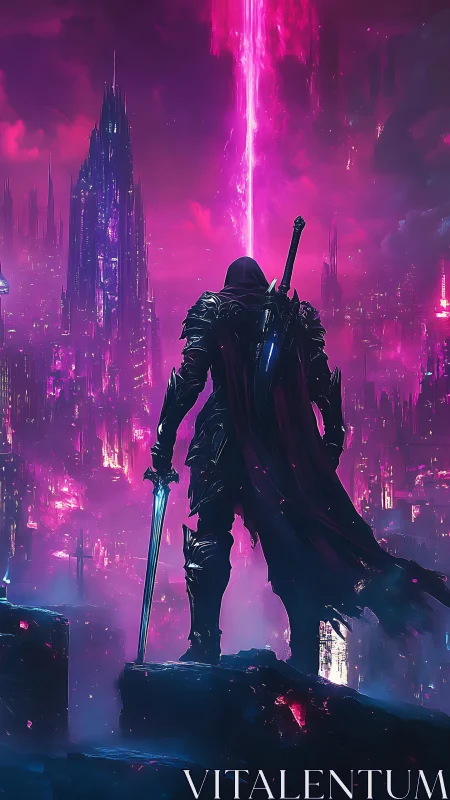 Lone cyber knight confronts neon rift above glowing city.