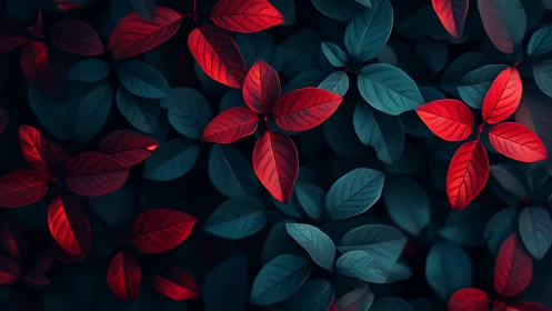 Red and teal foliage pattern under soft directional lighting.
