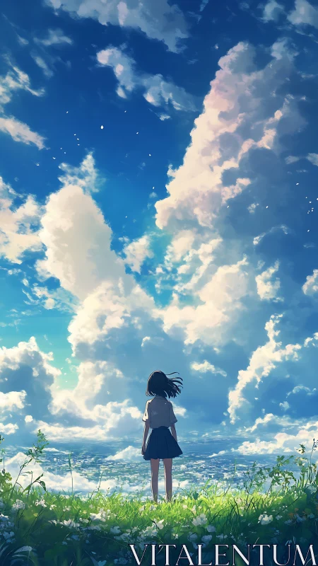 Girl on grassy hill observing expansive cloud-filled sky.