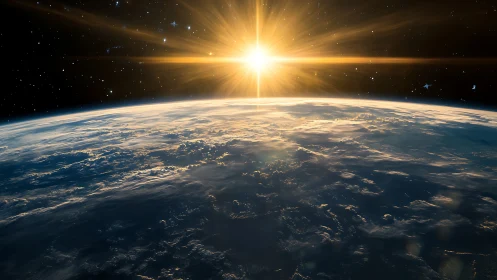 Sunrise above Earth horizon with atmospheric cloud detail.