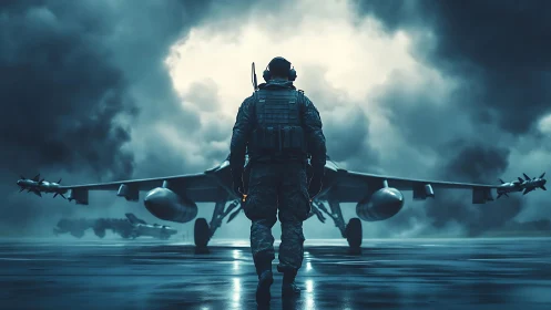 Stormlit pilot strides toward a waiting steel-winged thunderbird