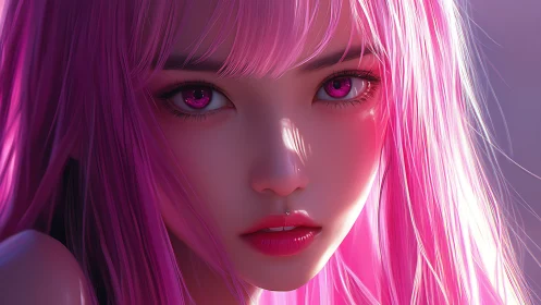 Neon magenta portrait with hyperreal anime-inspired gaze.