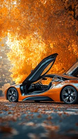 Autumn blaze supercar poised beneath a golden leaf canopy.