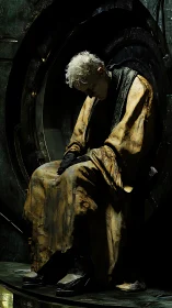 Solitary cyborg slumps in rusted pod under dim green light